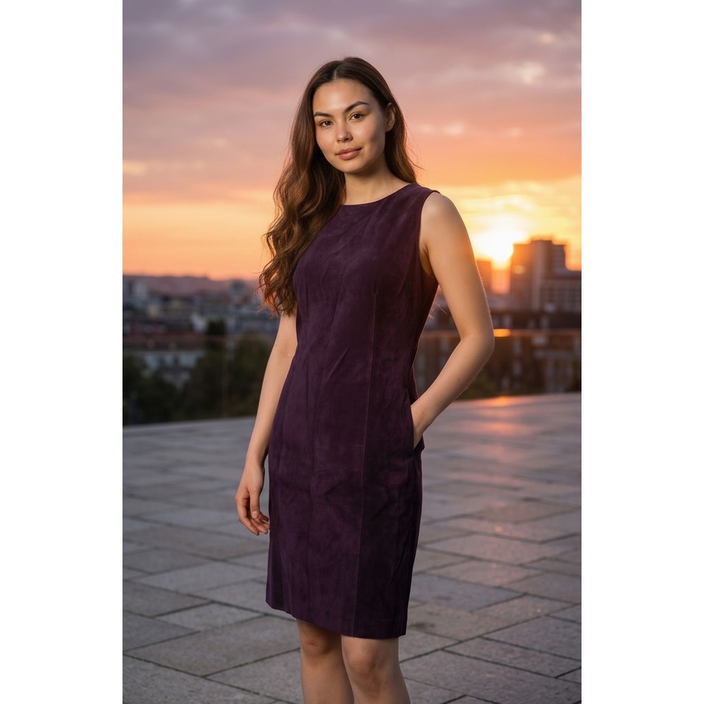 Worthington Purple Faux Suede Sleeveless Sheath Dress 10P Pocketed Mid-Length